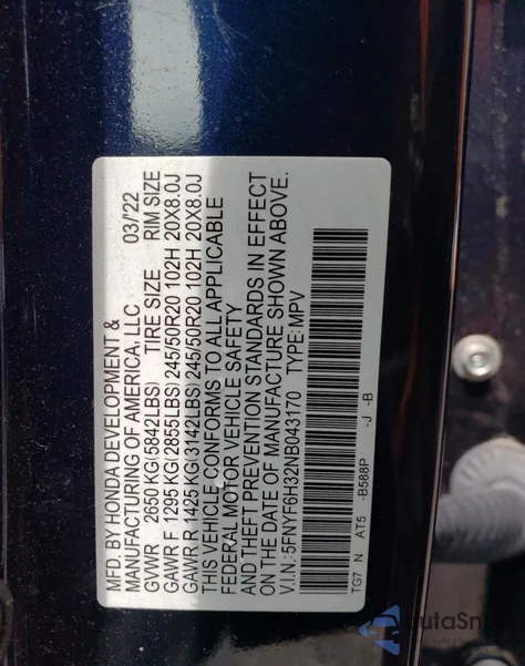 2022 Honda Pilot Sport from USA, damaged, VIN 5FNYF6H32NB043170